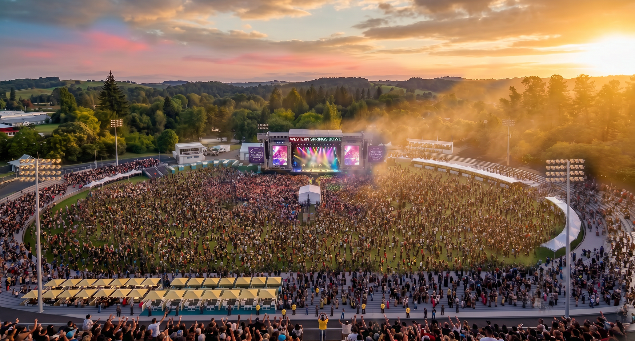 Western Springs Bowl filled with a concert crowd at dusk